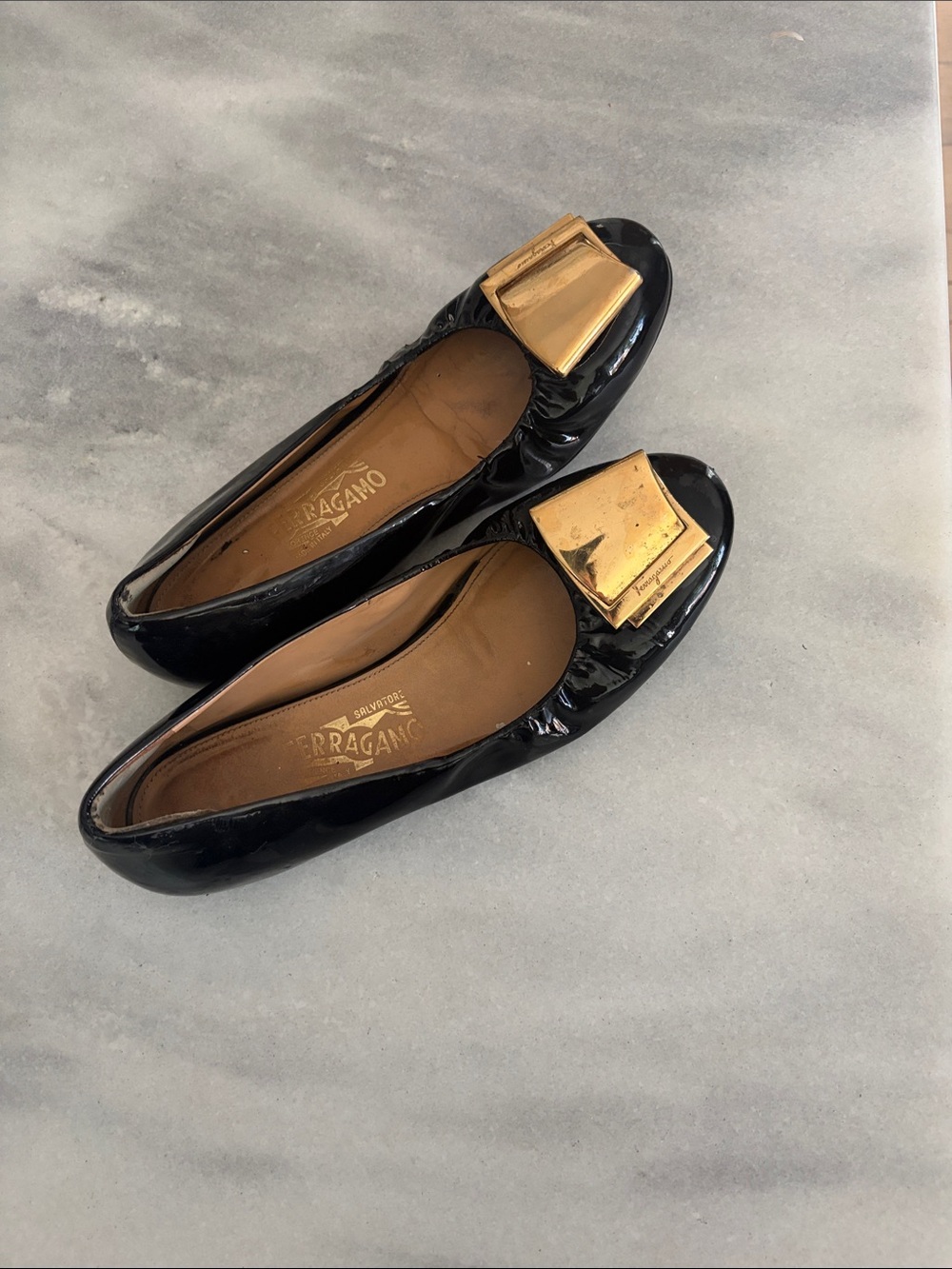 Salvatore Ferragamo Black Patent Vara-Style Flats with Gold Buckle
